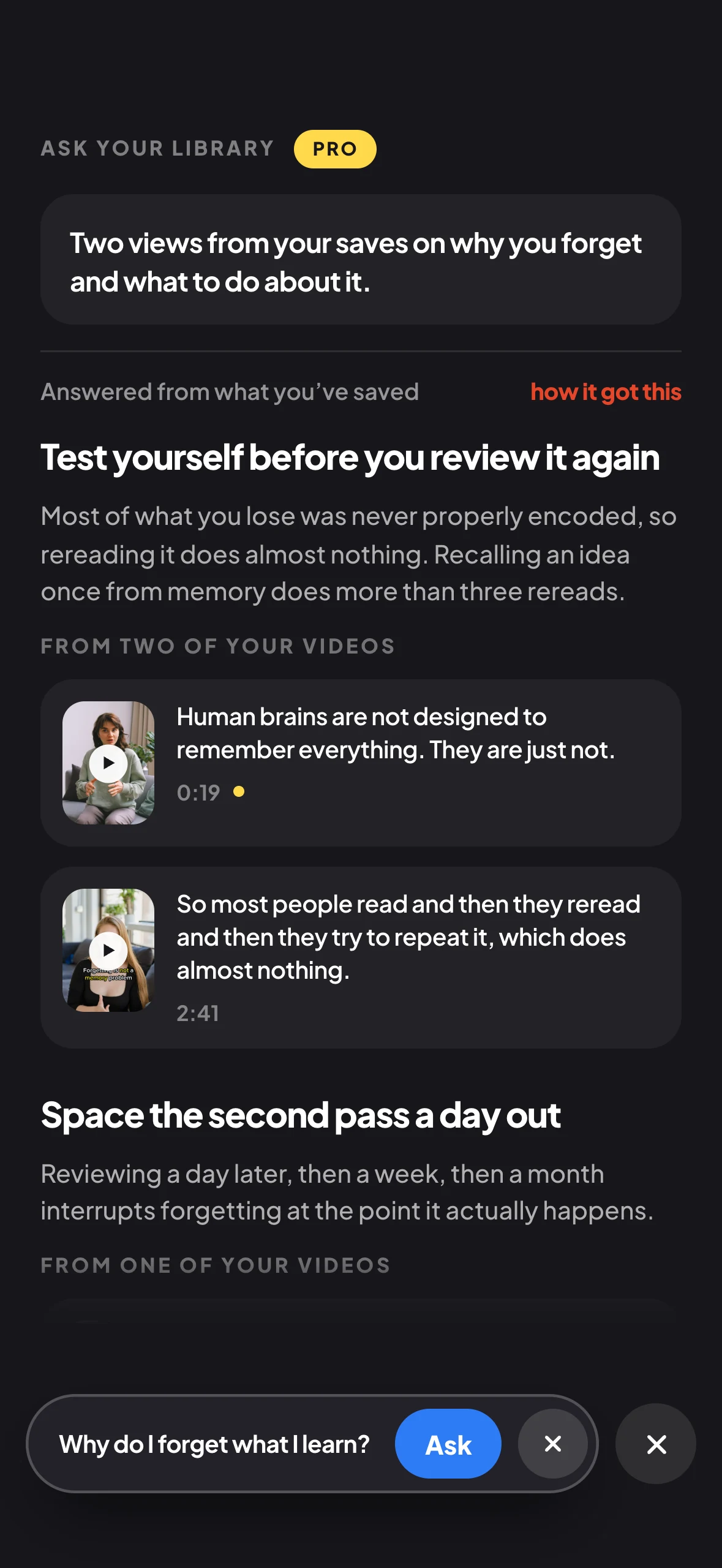 An answer on iPhone, with the videos it was drawn from listed underneath