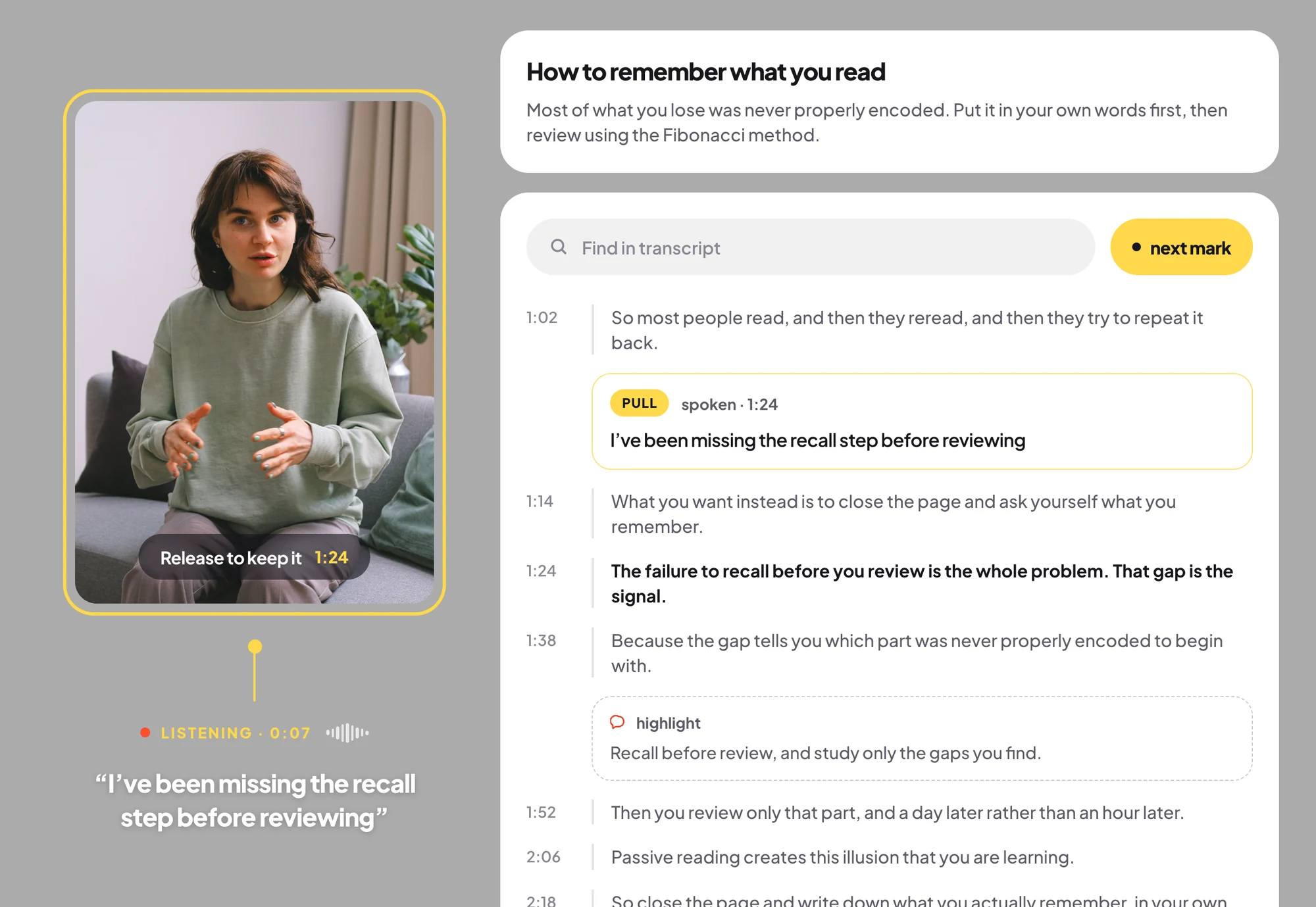 A video beside its transcript, with the lines worth keeping marked
