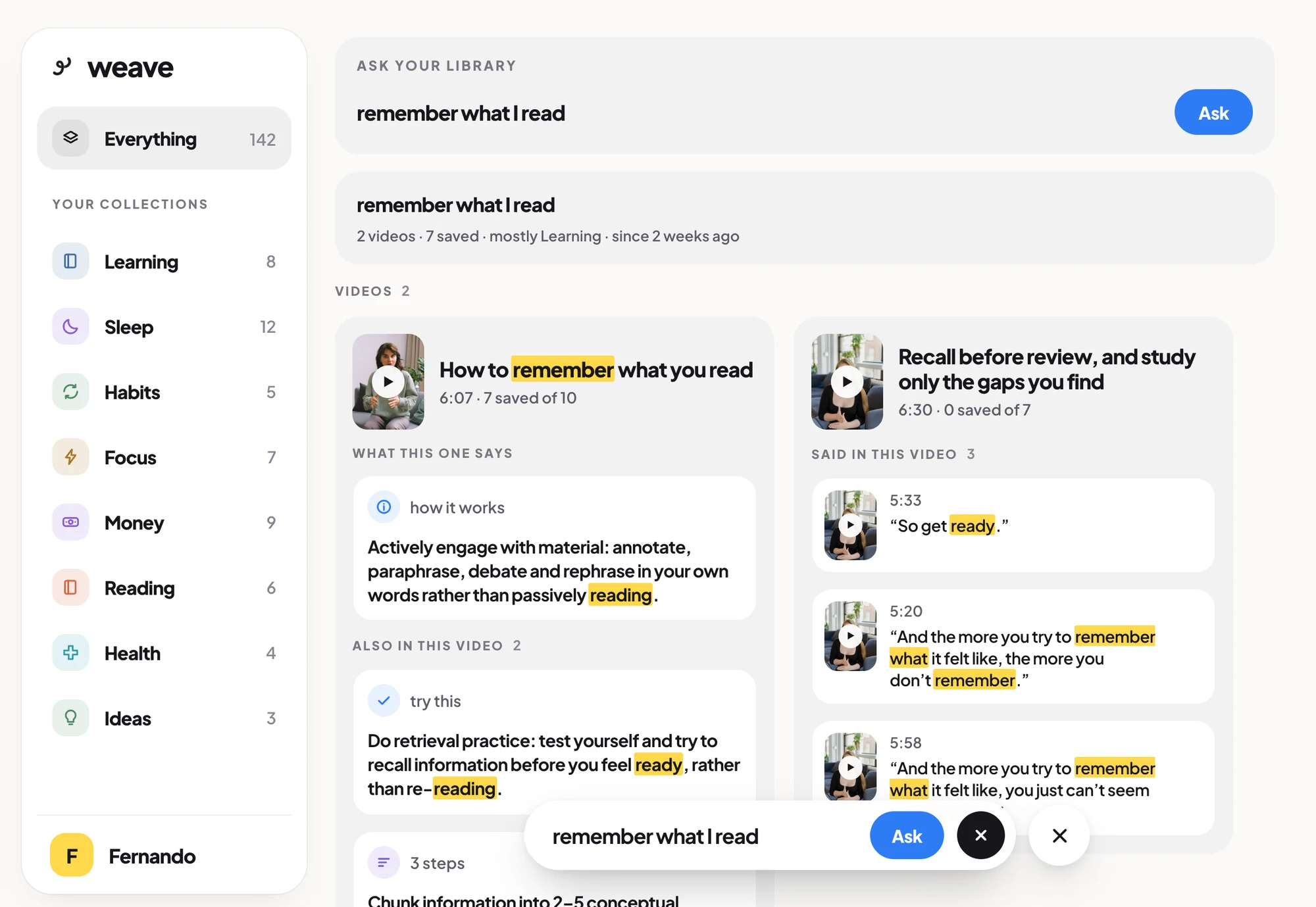 A search for a half-remembered phrase, matching the words spoken inside videos