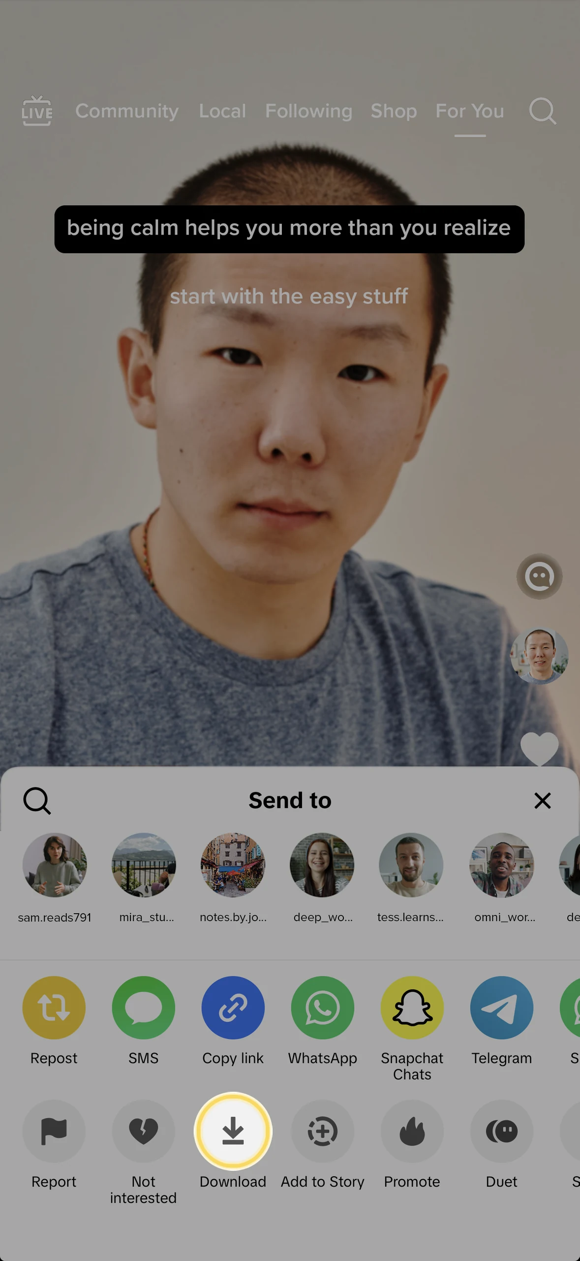 TikTok's share sheet, with the Download button highlighted