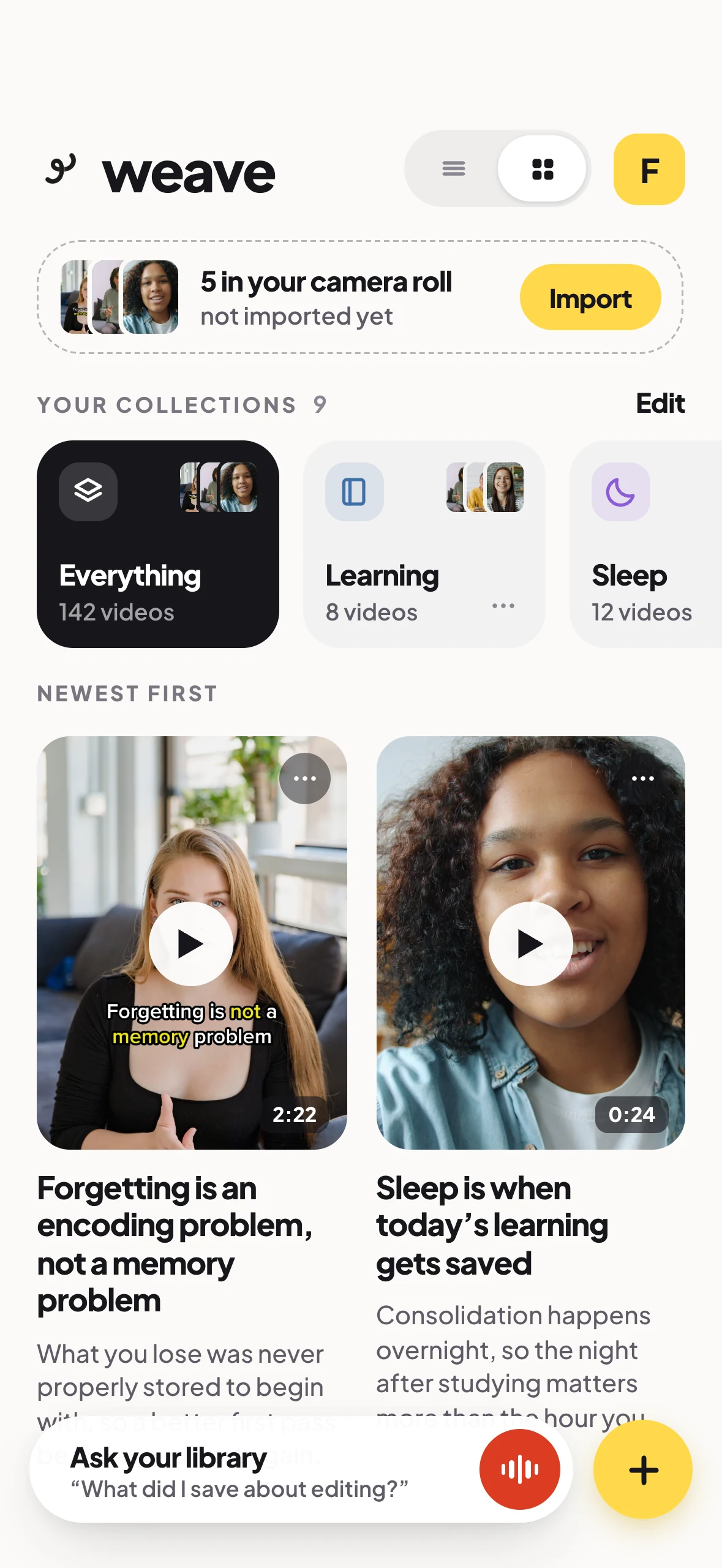 Weave showing five videos waiting in the camera roll, with an Import button