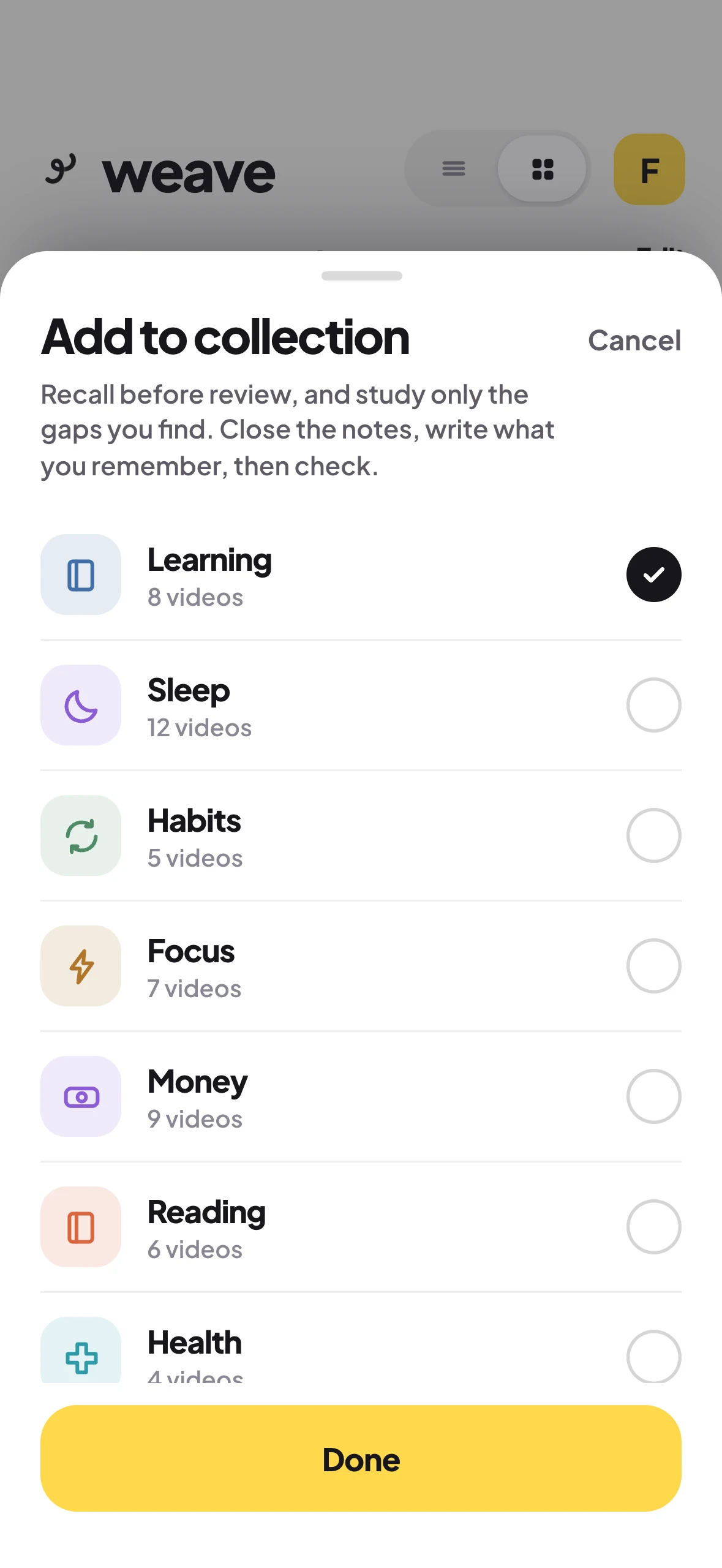 Adding a video to a collection, with the collections it can join and how many videos each holds