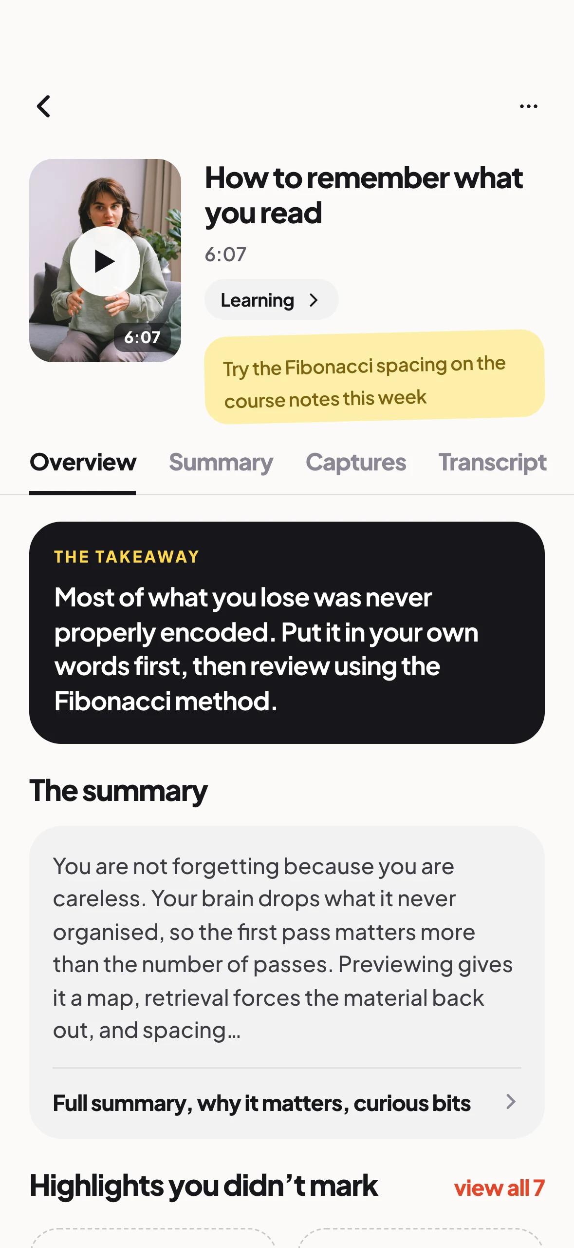 One video open in Weave, with its takeaway and summary